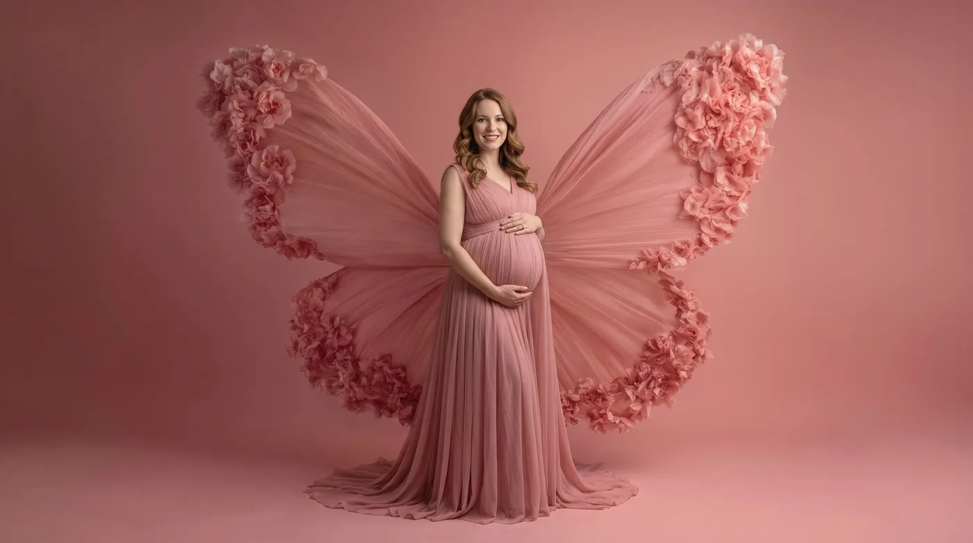 Photo artistique grossesse — ailes de papillon fleuries